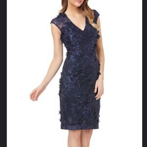 Carmen Marc Valvo Infusion Navy 3D Floral Lace Illusion Dress Size.6 Women's